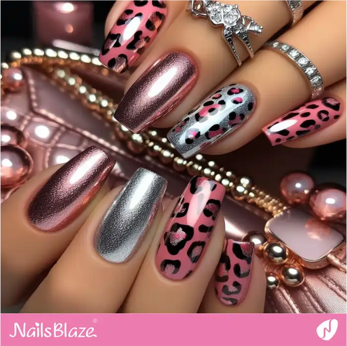 Pink and Silver Nails Leopard Print Design | Animal Print Nails - NB4333
